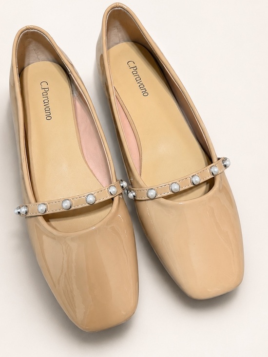 C.Paravano Shoes - C.Paravano Nude Patent Pearl-Strap Mary Jane Flats